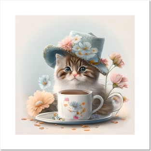 III.Cute cat in a hat with flowers and a cup of tea Posters and Art